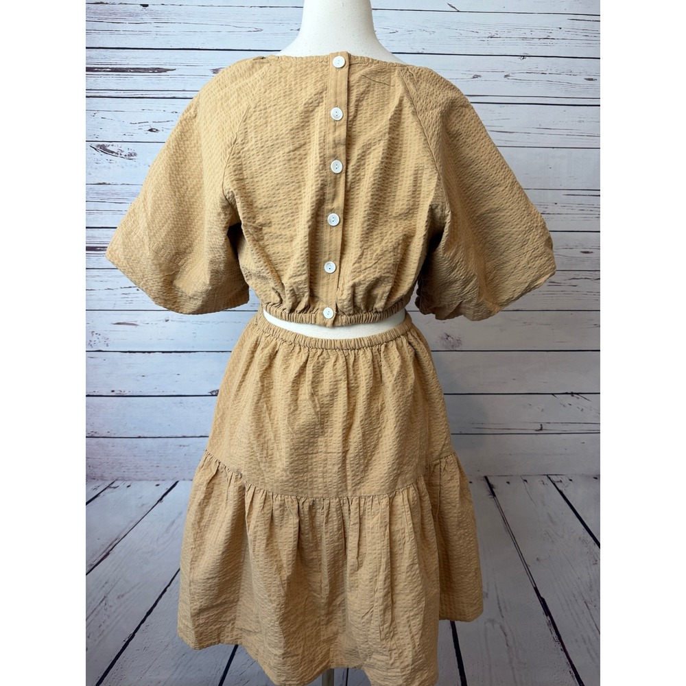 Madewell Seersucker Mini Dress Medium NWT Tan Puff Sleeve Cut Out NF870 - Picture 3 of 16